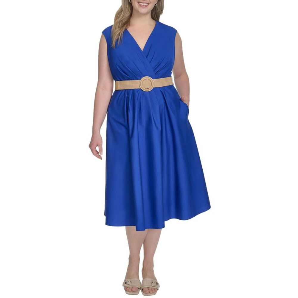 Jessica Howard Womens Plus Size Belted Sleeveless V-Neck Midi Dress 20W Royal